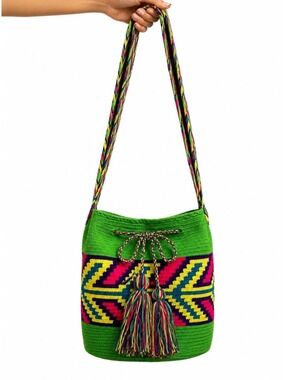 PIECES OF COLUMBIA MOCHILA WAYUU Bag Cotton Vibrant Neon Patterns & Tassels Boho